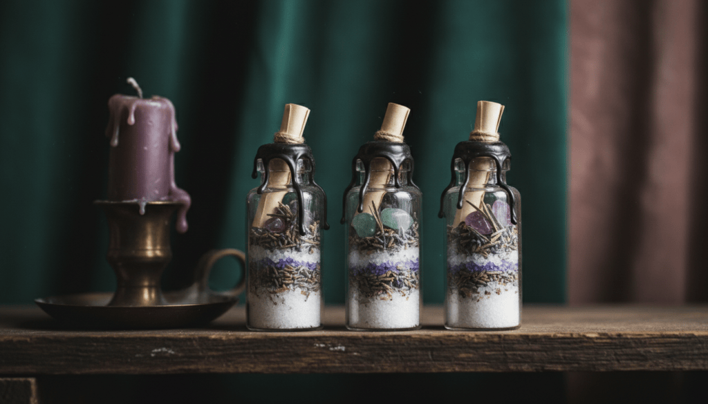 How to make a spell jar: glass jars with dried herbs, salt, crystals and wax seal